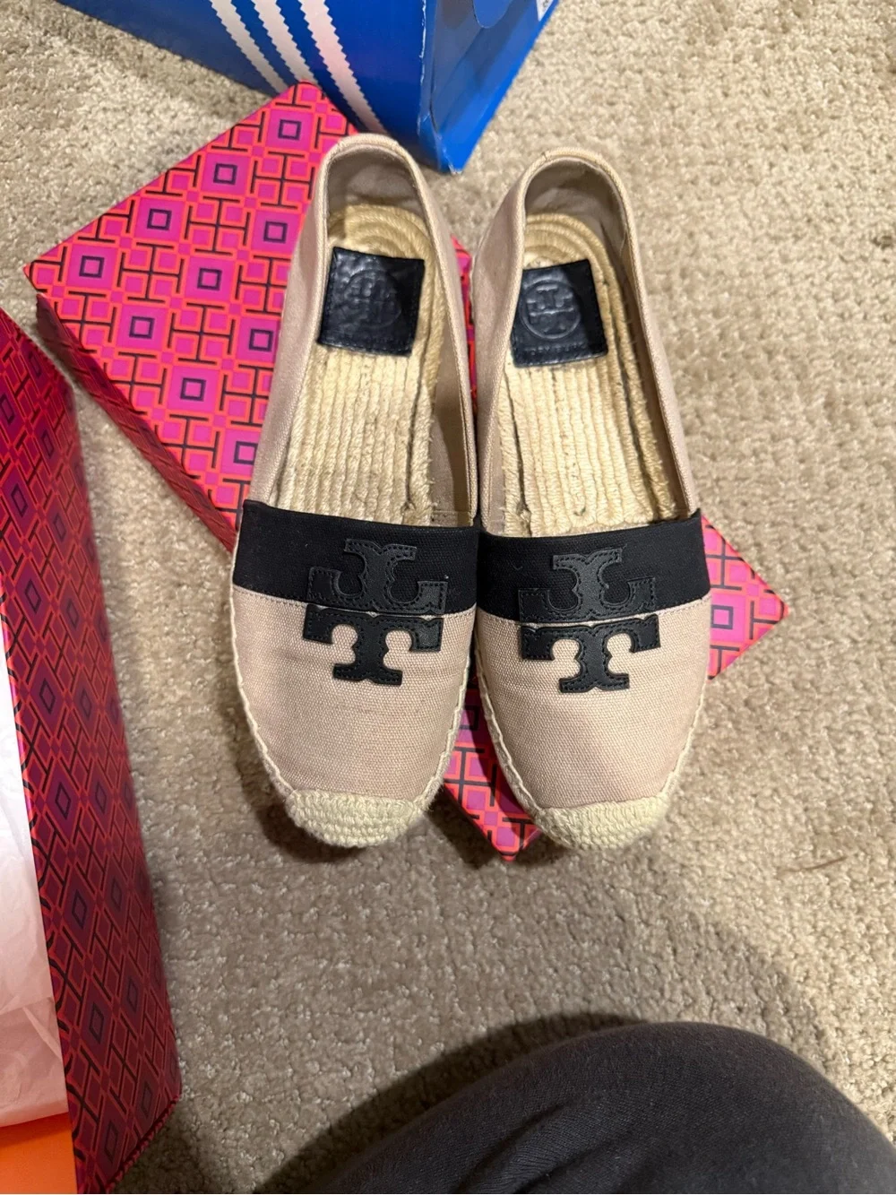 Tory Burch Beige Canvas Espadrille with Black Strap
